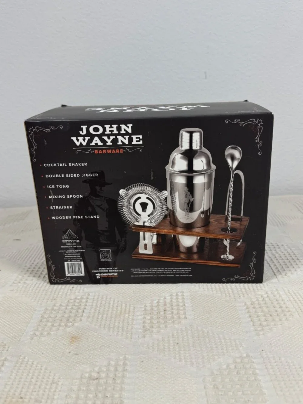 John Wayne Barware Stainless Steel Cocktail Shaker Set With Pine Stand